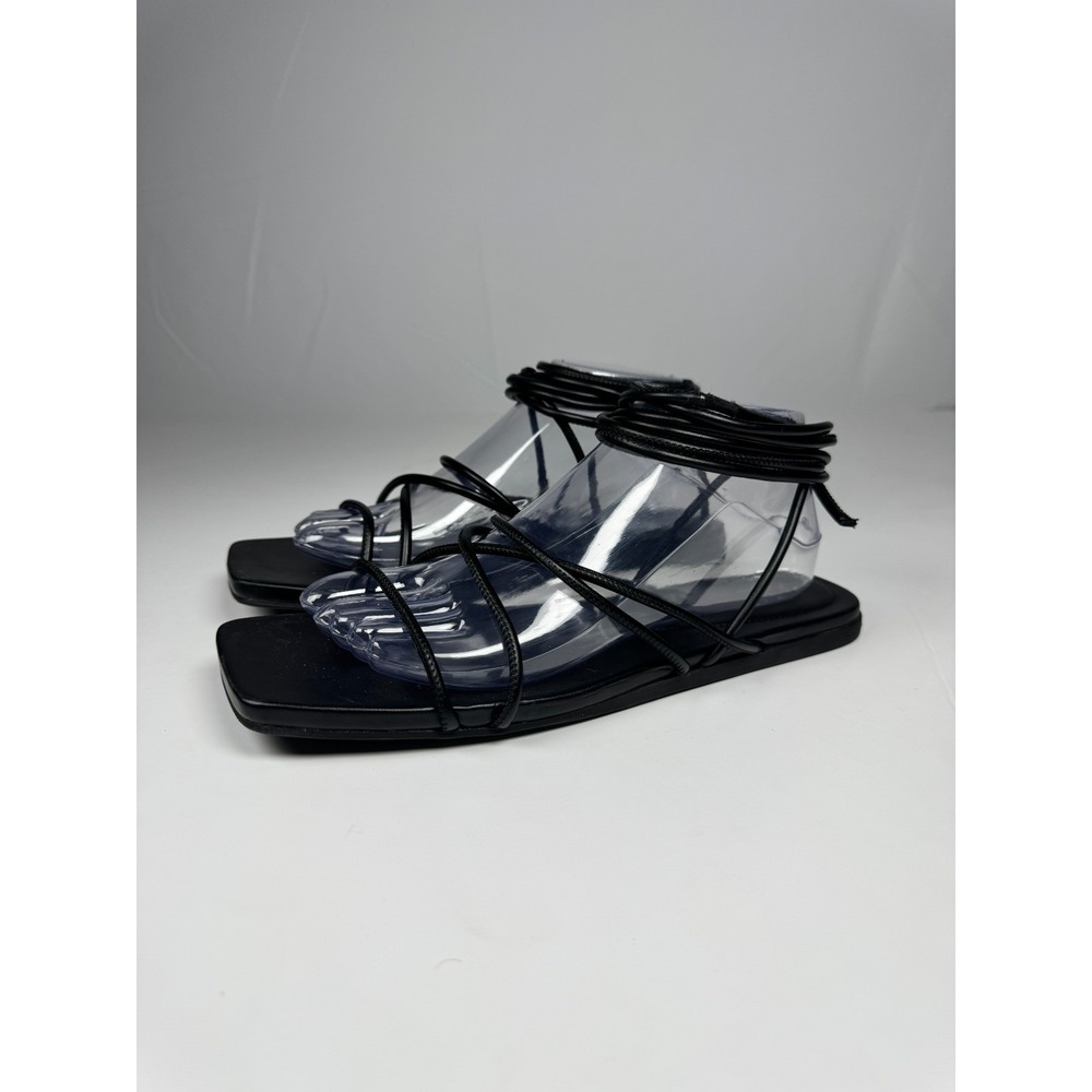 A‎ New Day Womens US 9.5 Sandal Black Leather Comfort Square Toe Ankle Strappy